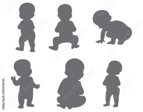 Vector illustration of baby silhouette in crawling and sitting positions, toddler movement poses, black infant figures collection for child development design
