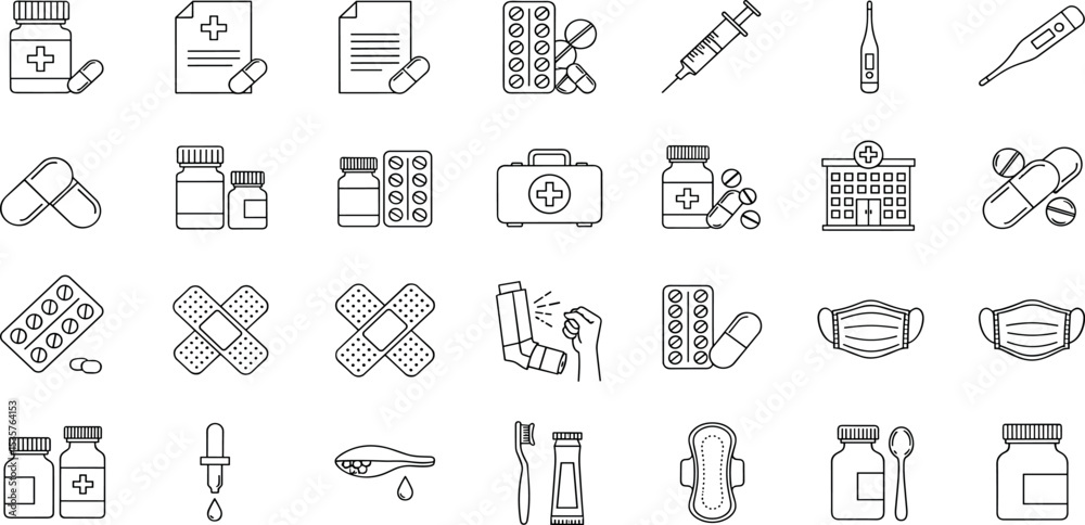 Obraz premium Pharmacy Vector Icon Set Adjustable Line Weight Pills, medicine, drugs, prescription, pharmacy, capsules, health, first aid, treatment, dose, bottle, mask, pharmacy shop, syringe icons