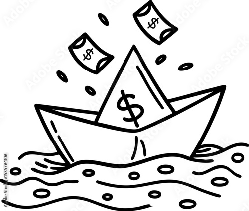 Economic Instability concept. Paper boat with money sinking in water illustration.