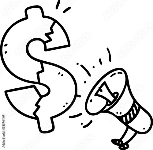 Economic Instability concept. Broken dollar sign with a megaphone illustration.