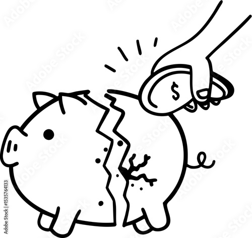 Economic Instability concept. Illustration of a broken piggy bank with a coin being inserted.