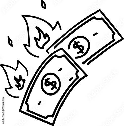Economic Instability concept. Burning money illustration with flames and dollar signs.