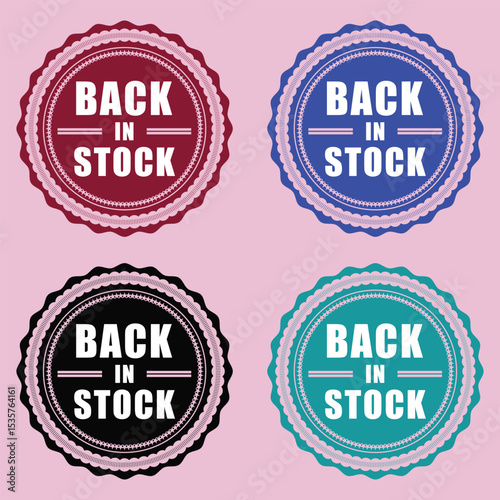 Back In Stock Product Badges Vector Set - Available Now Labels for Restocked Items and Retail Announcements in Multiple Colors