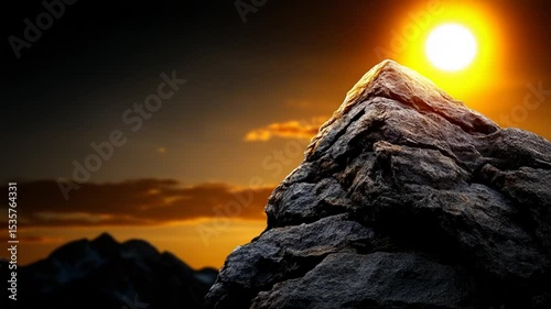 Sunlit Mountain Peak: Majestic mountain peak bathed in the warm glow of the rising sun, casting long shadows across the rugged landscape.