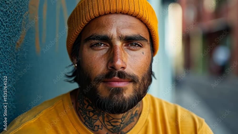 Close up portrait of a man with a thoughtful expression, wearing a mustard yellow beanie and a similar colored t-shirt, against a teal blue wall