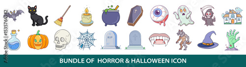 Pack of twenty horror and Halloween colorful icons cartoon style illustration