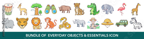 Collection of twenty colorful wildlife and safari themed vector icons illustration