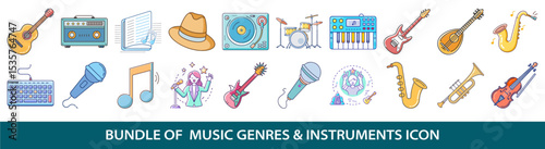 A colorful pack of twenty musical instruments and music genre icons