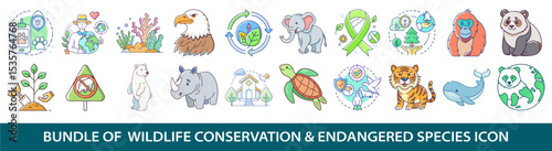 Pack of 20 Colorful Wildlife Conservation and Endangered Species Icons and Illustrations