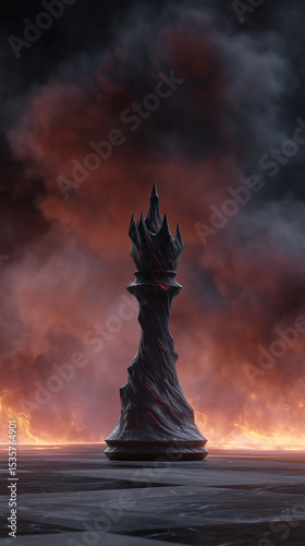 Dark fantasy chess queen piece standing on a scorched board with fire and smoke.