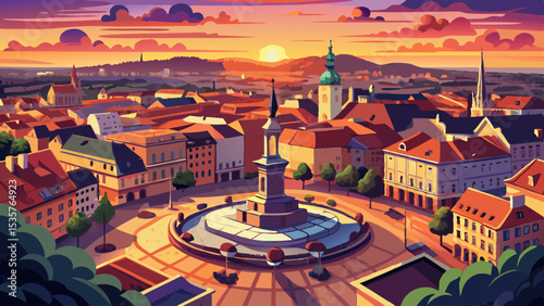 Zagreb Croatia at Sunset. View from above of Ban Jelacic Square