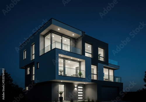 Modern house illuminated at night photo