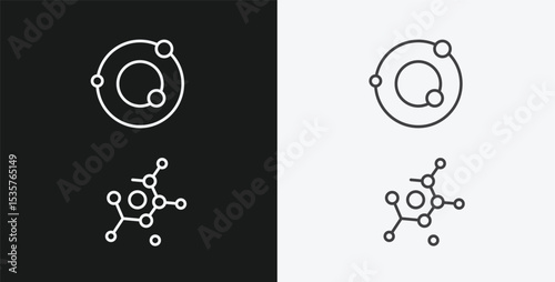 Orbital Atom Model and Molecular Structure on Black and White Backgrounds, Representing Physics or Chemistry, White Outline Icons