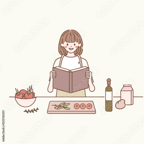 mature woman in apron is reading a book with recipes while cooking in kitchen vector design illustrations