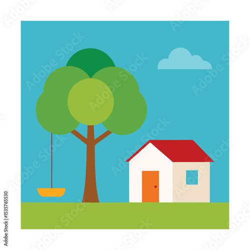 Tree and Swing by a Cute Little House Artwork