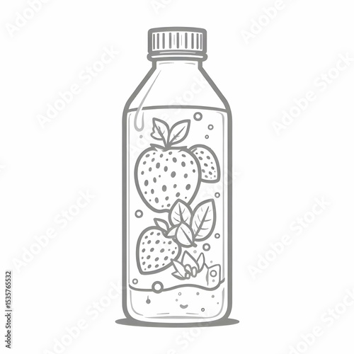 Black and white vector icon of a clear bottle with fruit slices inside, representing infused water, minimalist line art, no background
