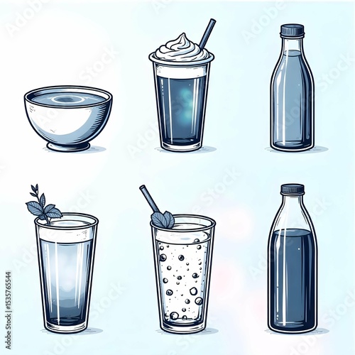Minimalist black and white vector icon set of popular beverages including coffee cup, tea mug, cocktail glass, soda cup, and water bottle, clean line art style, no background