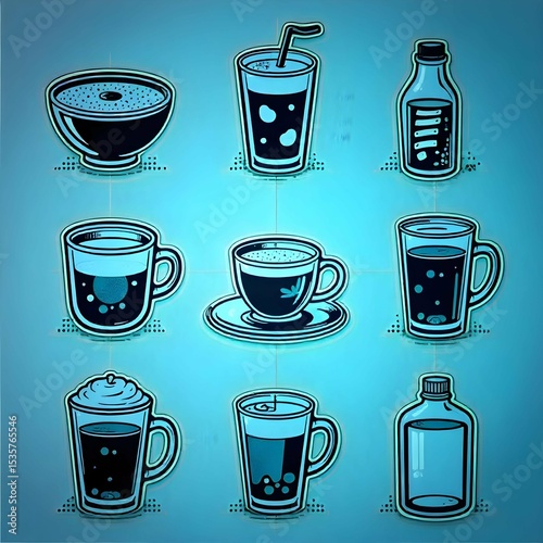 Minimalist black and white vector icon set of popular beverages including coffee cup, tea mug, cocktail glass, soda cup, and water bottle, clean line art style, no background