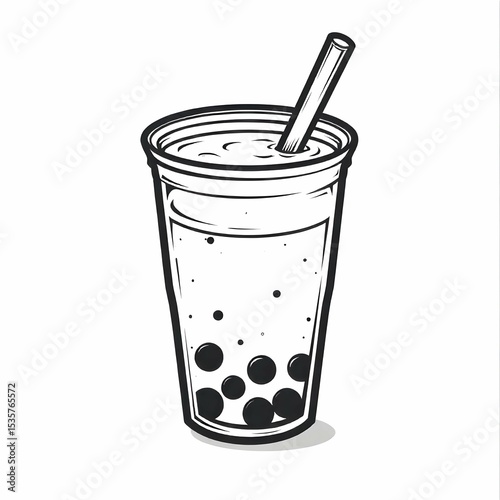 Black and white vector icon set of trendy café drinks including matcha bowl, bubble tea cup, cold brew bottle, espresso cup, and latte to-go cup, minimalist line art, no background