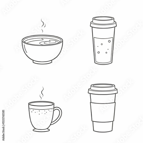 Black and white vector icon set of trendy café drinks including matcha bowl, bubble tea cup, cold brew bottle, espresso cup, and latte to-go cup, minimalist line art, no background