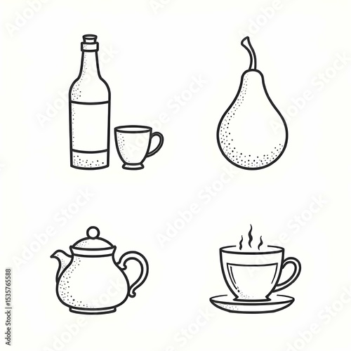 Minimalist black and white vector icon set of traditional drinks including sake bottle and cup, yerba mate gourd, Moroccan tea pot, Turkish coffee, and chai in glass cup, clean line art, no background