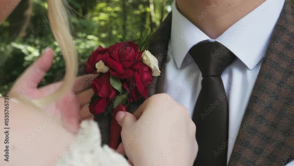 Bride pinning red boutonniere on groom's jacket