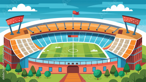 Cartoon Illustration of a Large Soccer Stadium with a Red Flag and Surrounding Trees