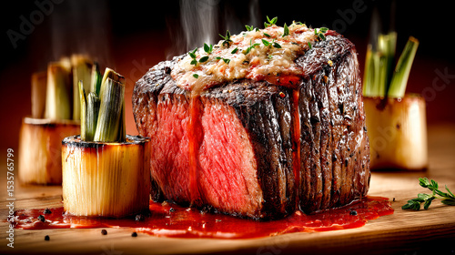 Close - up a steak with melted leeks. A crusty, seared steak is paired with meltingly tender leeks.