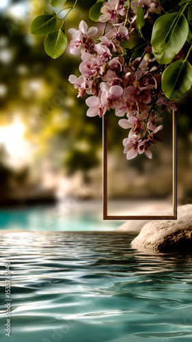 A branch of pink orchids with lush green leaves hangs above tranquil water, with a golden frame in the foreground.