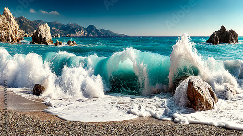 Dynamic scene of powerful turquoise ocean waves breaking with white foam on a rocky beach, framed by distant mountains under a blue sky.