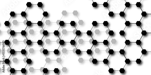 Abstract vector design with interconnected black-outlined hexagons. Honeycomb-like pattern on white and Small, solid black circular. Geometric layout with futuristic, scientific, and technological