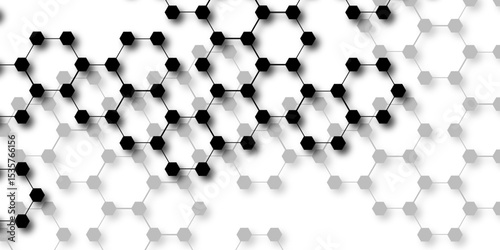 Abstract vector design with interconnected black-outlined hexagons. Honeycomb-like pattern on white and Small, solid black circular. Geometric layout with futuristic, scientific, and technological