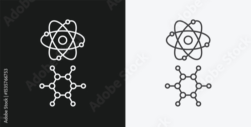 Atom and Benzene Ring Molecular Structure on Black and White Backgrounds, Representing Science or Chemistry, White Outline Icons
