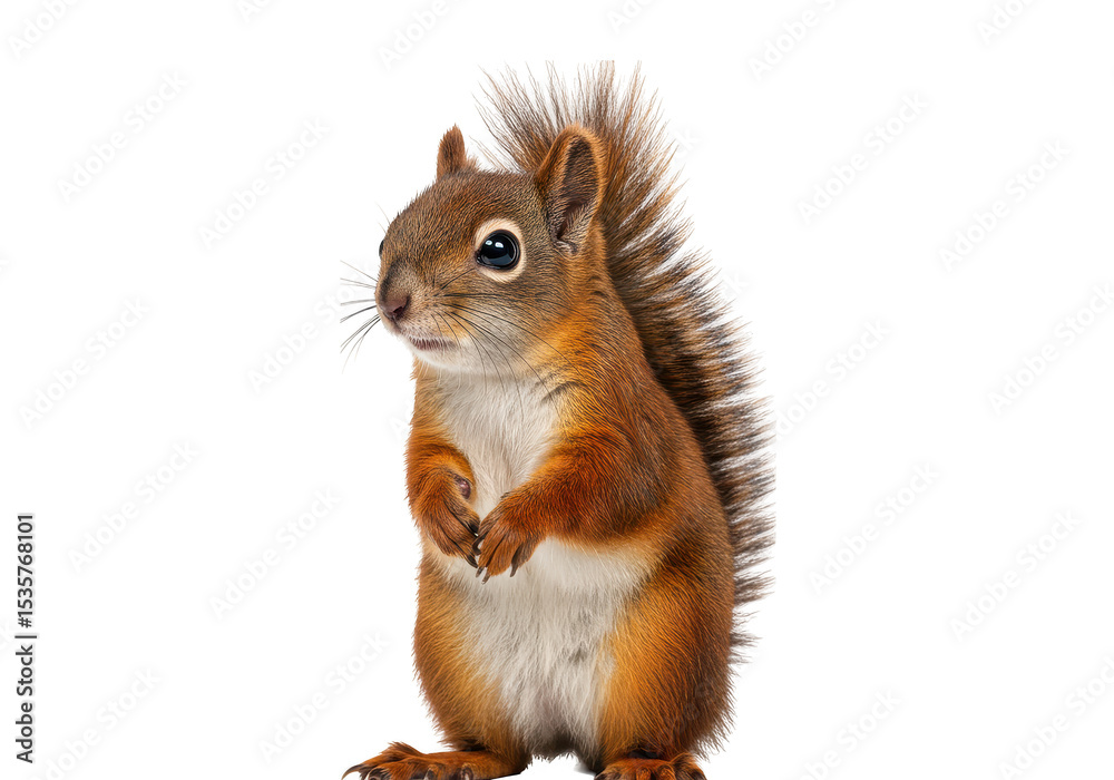 Fototapeta premium Alert red squirrel standing upright, isolated on transparent background