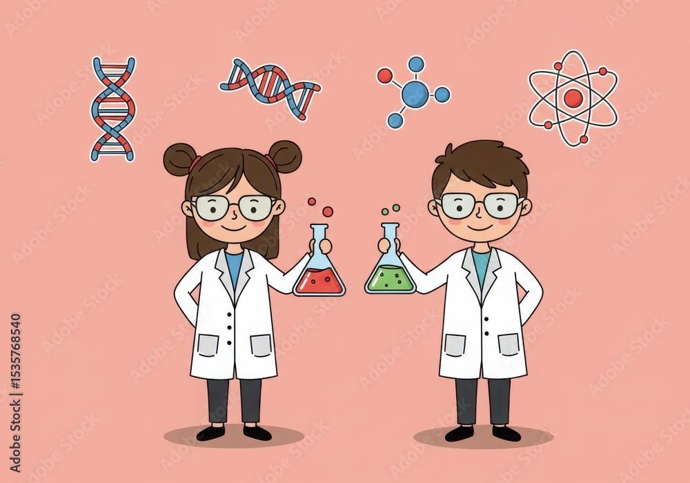 Cartoon scientists with beakers and dna molecules illustration Cartoon scientists with beakers and dna molecules illustration