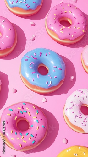 Colorful donuts with sprinkles arranged on a pink background create a vibrant dessert display for sweet treats lovers