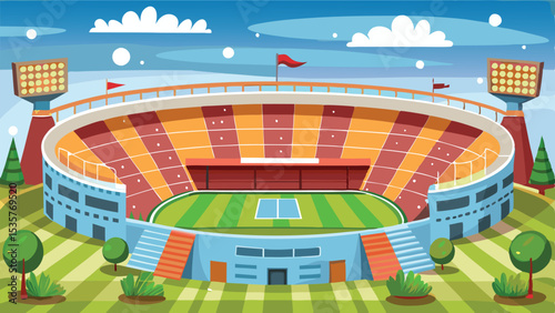 Vibrant Cartoon Soccer Stadium Illustration Under a Bright Sky with Red Flags Flying