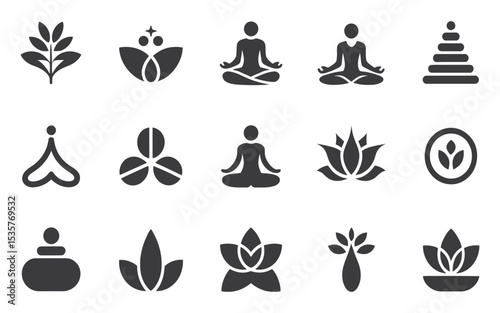 Collection of Vector Icons Representing Wellness Meditation Spirituality and Natural Elements for Use in Logo Design and Branding Projects Related to Health and