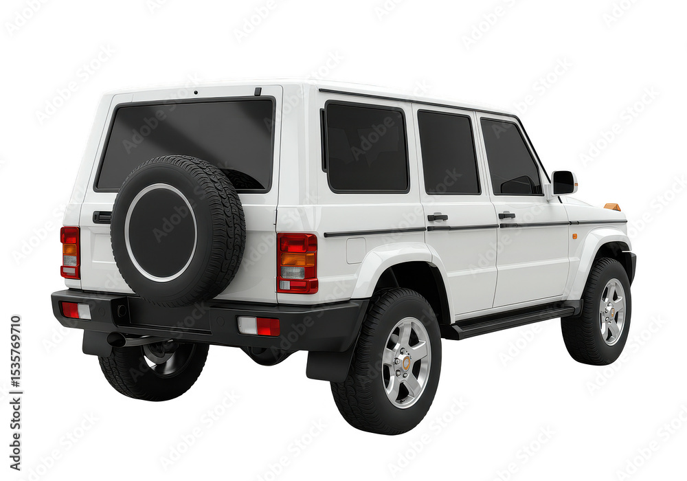 Fototapeta premium Rear view of a white suv with a spare tire, isolated on transparent background