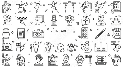 editable stroke art, black and white icons, fine art, music, dance, painting, drawing, sculpting, photography, cinematography, theater, performance, literature, design, craftsmanship, creativity, insp