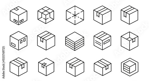 Cube line icon set. Module, box, Geometric shape, model, block, product. Outline vector icon in linear style. Series of pictograms
in black and white design
