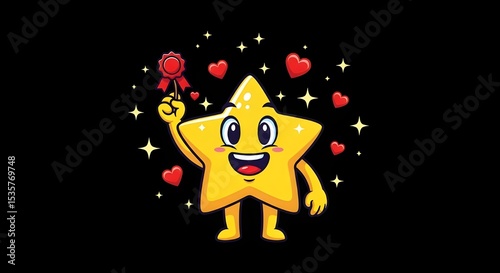 Star Character with Award Badge and Hearts | Smiling Cartoon Star Celebrating Success for Children's Education and Achievement Marketing