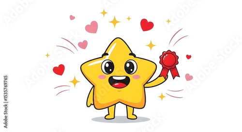 Cartoon Star Character Holding an Award with Hearts | Positive Emotion Mascot for Kids Content, Educational Material, and Achievement Recognition