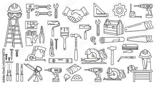carpenter, construction, tools, equipment, hardware, handshake, wrench, hammer, screwdriver, drill, saw, gear, ruler, tape measure, ladder, toolbox, nail, screw, paintbrush, paint roller, pliers, crow
