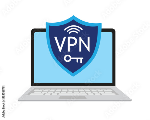 VPN icon shield on laptop. Virtual private network