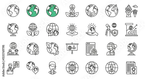 Globe line icon set. Planet Earth, green planet, ecology, global warming, Earth protection and more. Outline vector icon in linear style. Series of pictograms in black and white design
