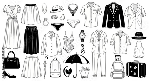 clothing, fashion, garment, accessories, handbag, shoes, hat, dress, skirt, shirt, jacket, pants, swimwear, underwear, necklace, bracelet, ring, watch, tie, gloves, umbrella, backpack, suitcase vector