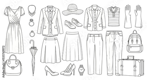 clothing, fashion, garment, accessories, handbag, shoes, hat, dress, skirt, shirt, jacket, pants, swimwear, underwear, necklace, bracelet, ring, watch, tie, gloves, umbrella, backpack, suitcase vector