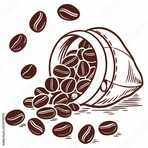 Coffee beans spilling from a burlap sack on a flat surface  