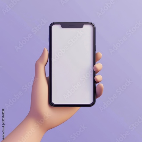 3D cartoon render of a hand holding a smartphone with a blank white screen, against a purple background